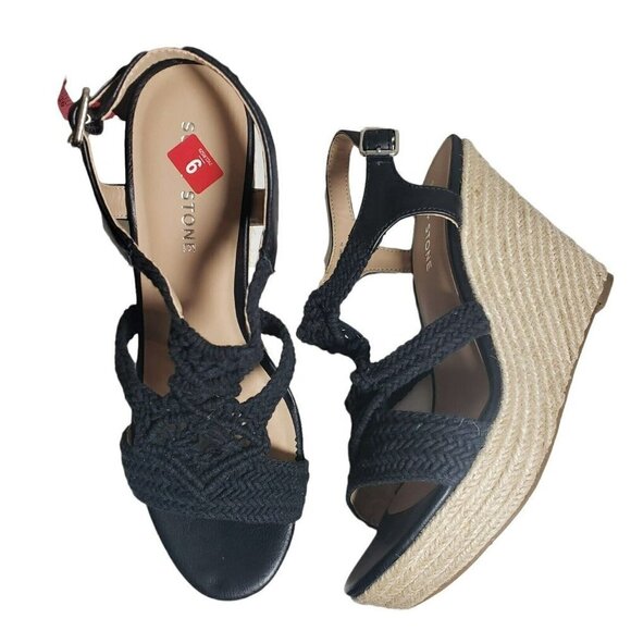Sun Stone Womens Black Crochet Open Toe Espadrille Wedge Sandals Sz 9 9.5 8.5 10 - Picture 2 of 11
